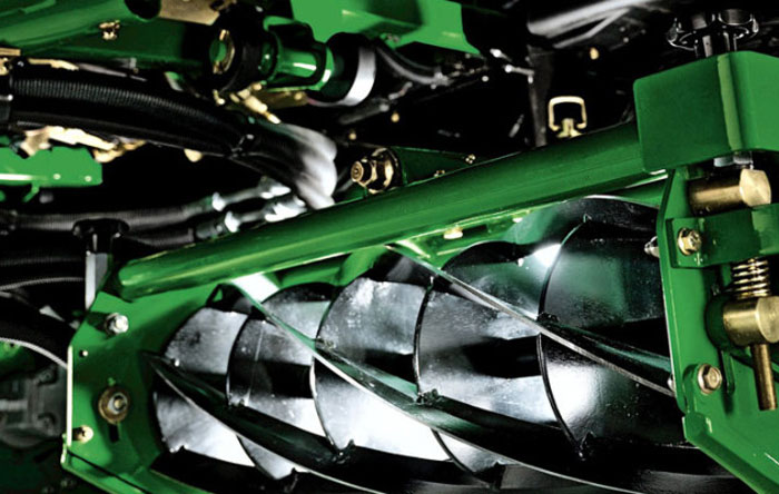 Photo of the underside of a professional mower for a golf course, rugby or football ground.