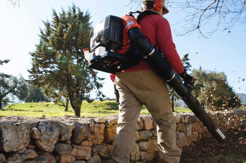 Man Clearing Path with Leaf Blower